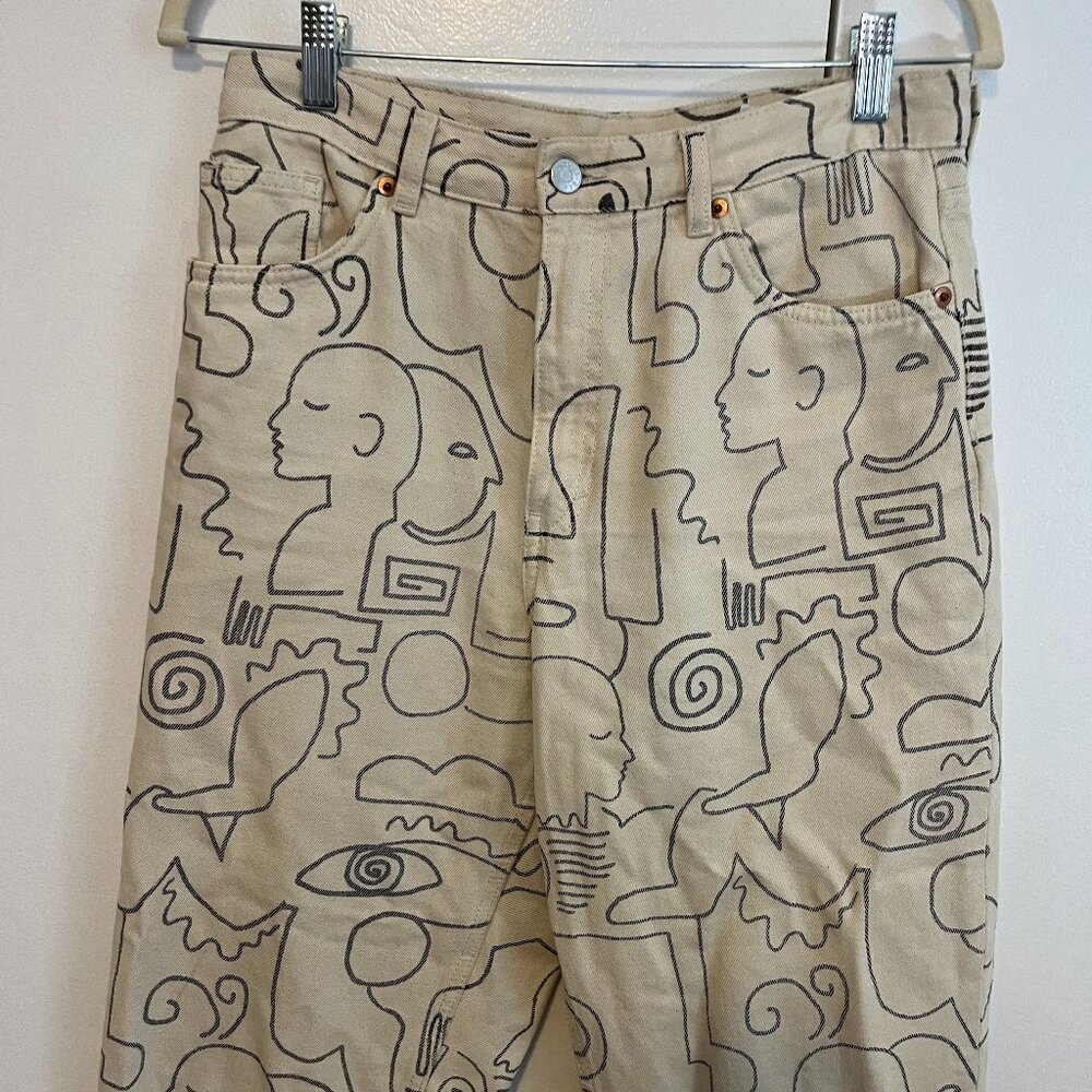 Monki Taiki organic cotton figure print straight leg jeans in off white, size 29